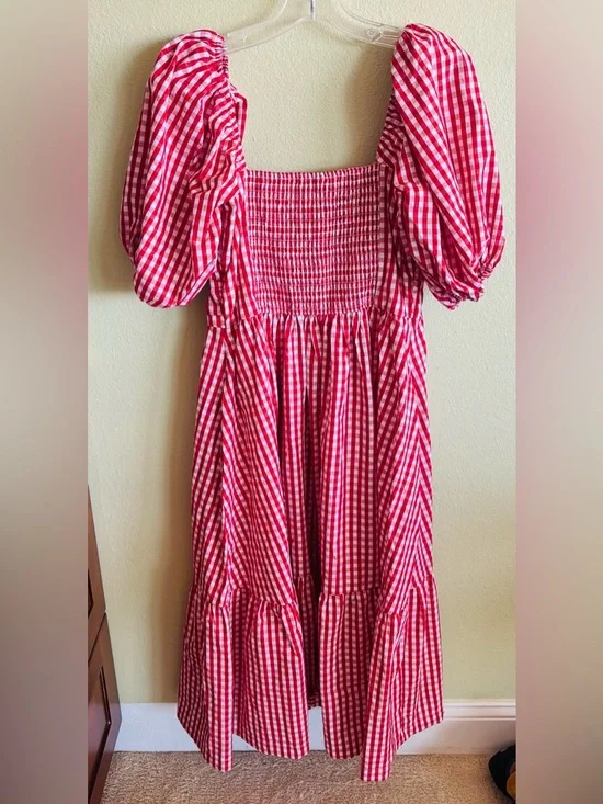 NWT Abercrombie & Fitch Emerson Red & White Checkered Puff Sleeve Long Dress: M - Picture 3 of 4